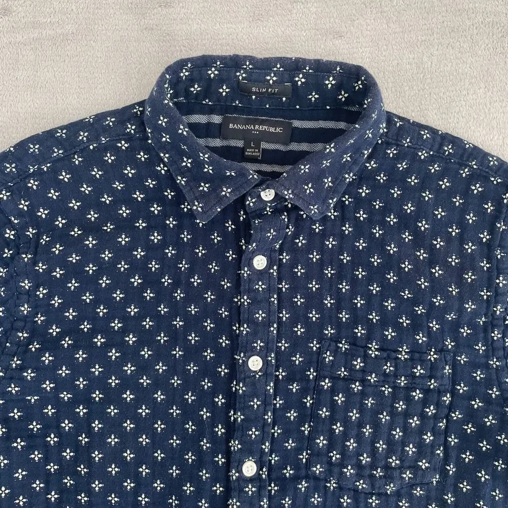 Banana Republic Shirt Men Large Navy Blue Geometric‎ Double Layer Slim Fit